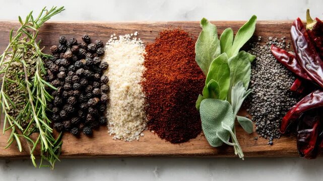 Assorted Culinary Spices Herbs and Peppers on Wooden Board Against White Background