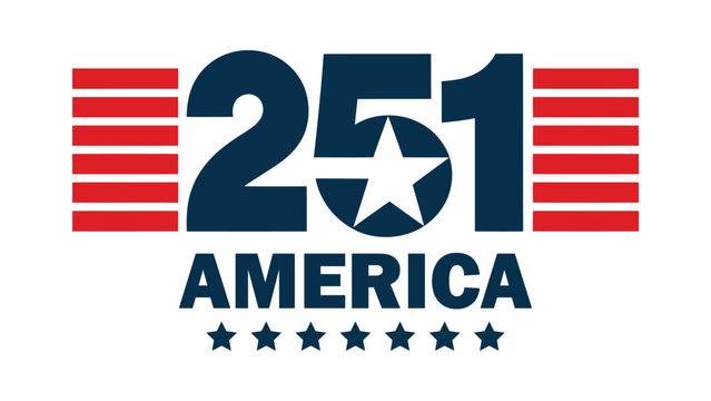 Bold patriotic 251 America vector design featuring strong navy typography, centered star emblem, red horizontal stripes, and modern celebratory graphics ideal for national events, milestones, and U.S.
