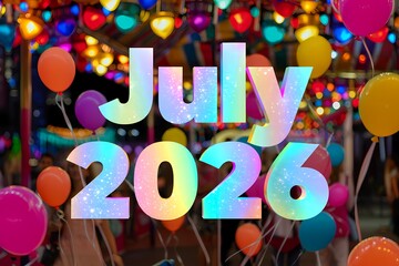 July 2026 Calendar Month Banner with Balloons and Colorful Party Lights