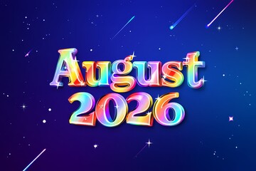 August 2026 Glimmering 3D Rainbow Text Effect against a Cosmic Night Sky Background