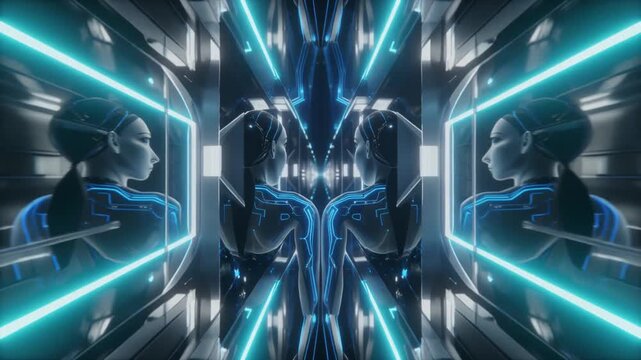 Futuristic humanoid AI with glowing blue brain circuits gazing into an infinity mirror portal. Recursive self-reflections symbolize digital consciousness and future technology. Cinematic sci-fi backgr