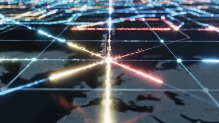 Digital network connection with glowing lines and nodes crossing over dark global map, showcasing futuristic technology innovation, communication, and data flow in advanced digital network map design - Powered by Adobe