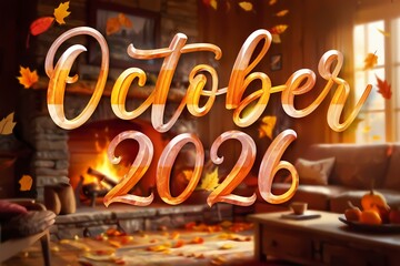 October 2026 Typography with Cozy Autumn Fireplace Background