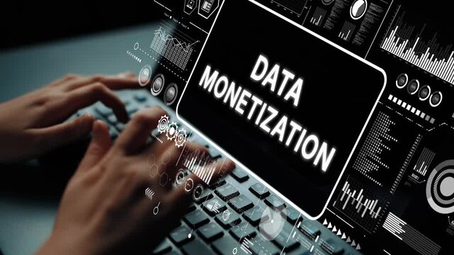Hands Typing on Keyboard with Digital Interface Displaying Data Monetization Concept in Modern Workspace. Asymptotic smart data analytic.