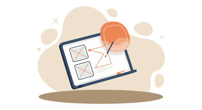 Modern vector illustration visualizing the process of digital planning, wireframing, and user experience (UX) design on a tablet device. This abstract graphic represents developing prototypes, mapping