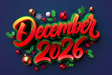 December 2026 3D Christmas Holiday Festive Typography Design