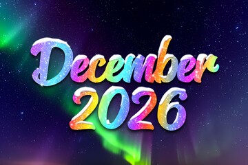 December 2026 colorful lettering with northern lights night sky background