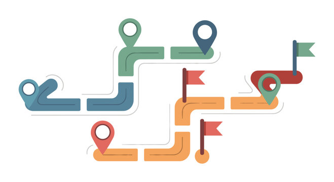 Flat vector illustration of a complex multi-colored map route featuring location pins and checkpoint flags, symbolizing business strategy, logistical planning, navigation, journey mapping, or multi-st