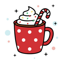 Christmas Hot Chocolate Mug with Whipped Cream and Candy Cane – Festive Illustration