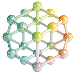 3D geometric structure with colorful spheres and connecting lines on transparent background, representing molecular or atomic arrangement
