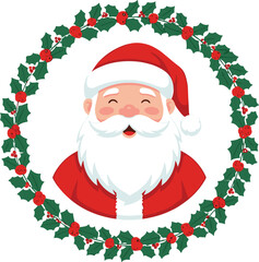 Happy Santa Claus Face Vector Portrait framed by a Festive Holly Wreath Border