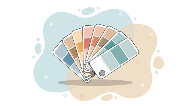 Stylized minimalist vector illustration showing a fan of color swatches (palette) with soft, muted, and earthy tones. This graphic resource is ideal for design concepts, interior decorating websites, 