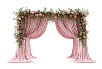 Pink Draped Archway with Roses and Greenery isolated on a transparent background 1