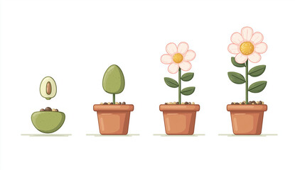 photograph of a flower growing in pots, from seed to bloom, vector illustration on a white background