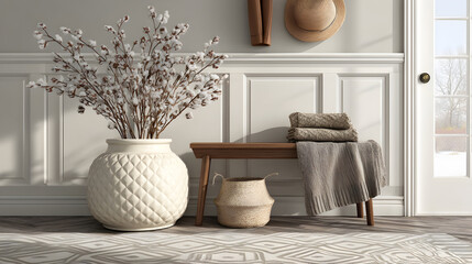 A calm atmosphere fills a minimal hallway decorated beautifully for the New Year season