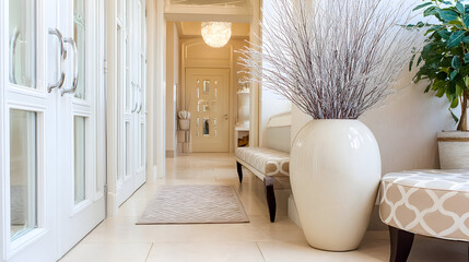 Natural light brightens a modern hallway highlighted by minimalistic New Year adornments