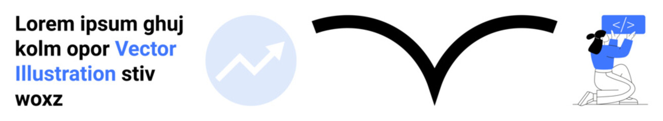 Technology, data analysis, coding, graphic design, trends, innovation. Graph icon, arrow shape person coding. Technology and data analysis concept with graph icon and coding display