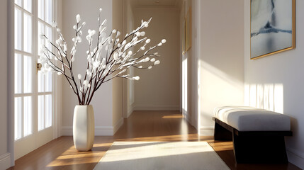 Soft lighting enhances a modern minimal hallway with festive New Year decorations