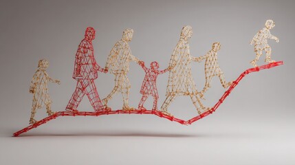 Group of people standing on a branch symbolizing combined family net worth curve icon and financial growth visualization