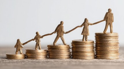 Man and woman holding hands on top of a stack of coins representing combined family net worth curve icon concept