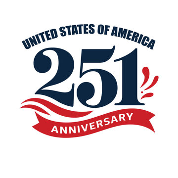 Patriotic United States of America 251st Anniversary vector design featuring bold numbers, waving red and white ribbon with stars, modern celebratory typography, and clean minimal patriotic illustrati