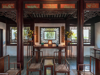 beautiful scenery through the framed window, interior design of Chinese Suzhou Garden, Suzhou City
