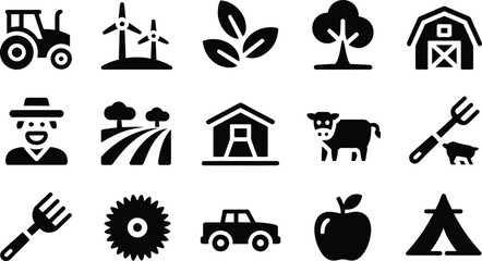 Collection of farm and agriculture icons representing rural life and modern farming techniques including tractors windmills barns and livestock © LailaArtworks
