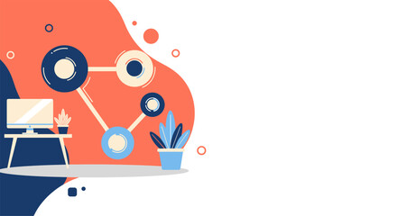 Obraz premium Modern flat vector illustration depicting a digital business networking and workflow concept. It shows connected nodes, a desktop workspace, and abstract organic shapes in coral, navy blue, and orange