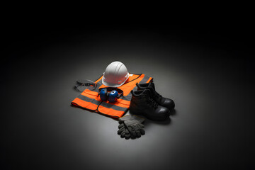 industrial safety equipment set with helmet gloves and boots