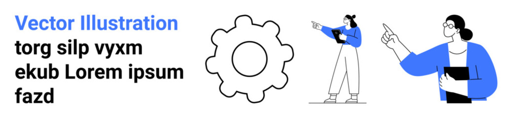 Gear representing workflow, professional analyzing data and pointing at information. Ideal for business, teamwork, analysis, planning, automation, operations, simple landing page