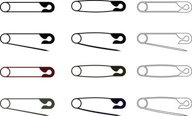Safety Pin Icon set represents simplicity, practicality, and everyday utility in a clean, minimal, and modern outline style. This premium black vector design holding fabric or small objects together.