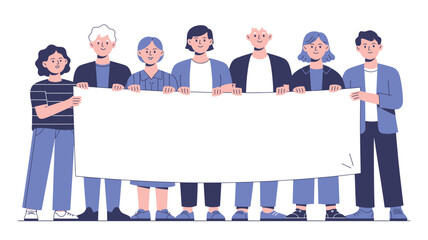 Diverse Group Holding Blank Banner Cartoon Illustration of People with Sign for Message