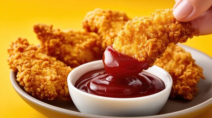 Crispy fried chicken tenders with dipping sauce against a vibrant yellow background