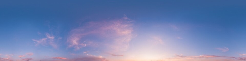 Sunset sky with bright glowing pink Cirrus clouds. Seamless spherical HDR 360 panorama. Full zenith or sky dome in 3D, sky replacement for aerial drone panoramas. Climate and weather change.