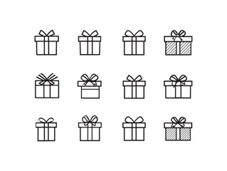 Collection of 2D line art gift box icons in simple elegant minimalist vector design style