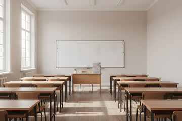 empty classroom with desks and whiteboard in school