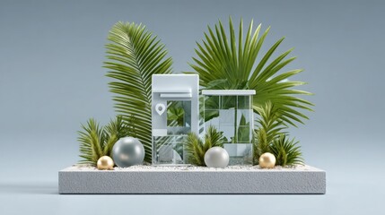 House with palm tree and christmas ball illustrating an executive weekend map concept for leisure planning