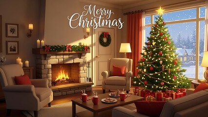 Obraz premium Merry Christmas Text Overlay in Cozy Living Room with Decorated Tree, Fireplace, Gifts & Snow – Festive Holiday JPG