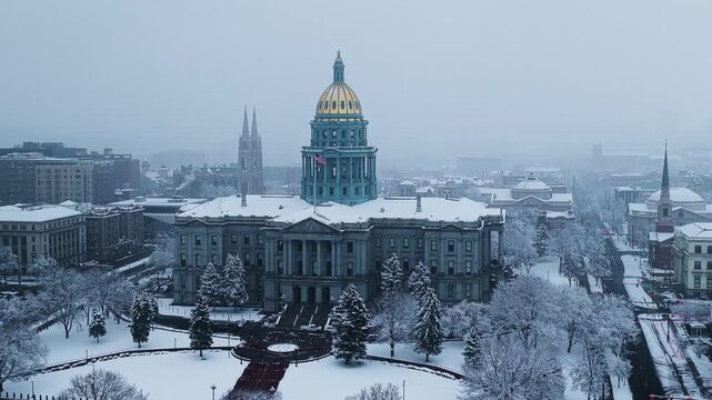 Denver Capitol in snow, wide aerial video, Denver, CO 4K