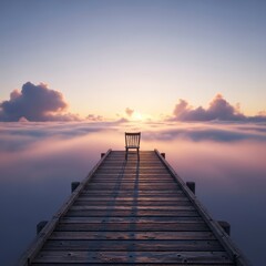 Obraz premium Empty chair on a wooden pier extending into a serene, cloudy sunset over water.