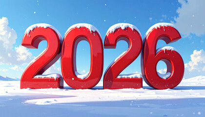 Happy New Year 2026 modern design, artistic red letter with snow effect, 3d artwork
