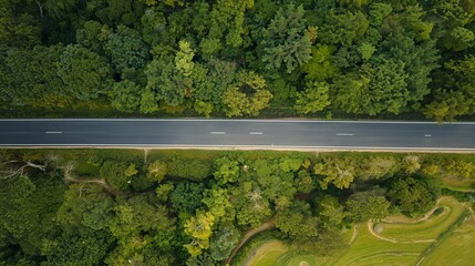 Aerial view of a straight asphalt road cutting through a dense, vibrant green forest.