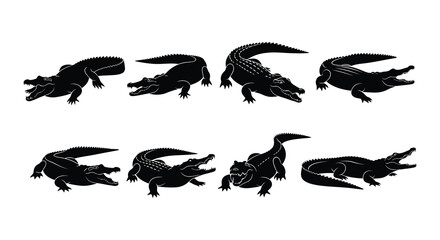 Black silhouette illustrations depicting multiple crocodiles in various poses and angles