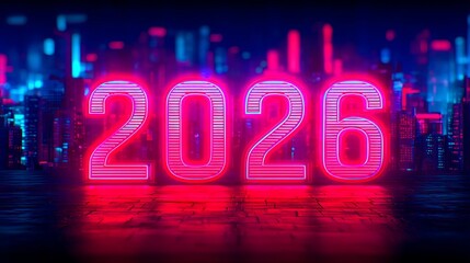 Bright neon numbers "2026" set against a futuristic cityscape, conveying a vibrant, modern atmosphere.