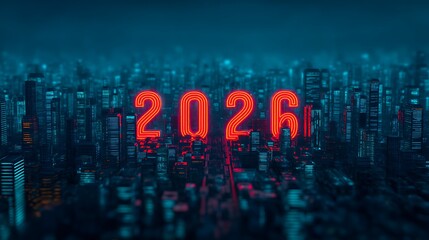 A futuristic cityscape illuminated by neon lights, showcasing the year 2026 in bold, vibrant colors against a dark background.