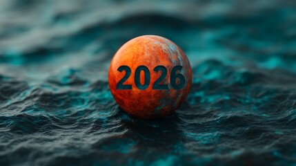 A stylized orange sphere with "2026" printed on it, set against a textured blue background resembling ocean waves.