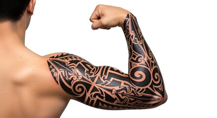 Rear view of a man's strong arm showcasing a detailed black tribal sleeve tattoo while flexing his bicep.