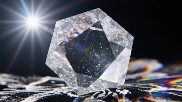 Light refracted through a constantly turning, complex clear prism on a dark background.