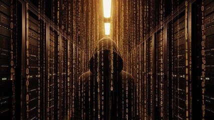 Hooded figure standing in a dark data center server room surrounded by cascading golden binary code symbolizing cybersecurity threat and digital intrusion - Powered by Adobe