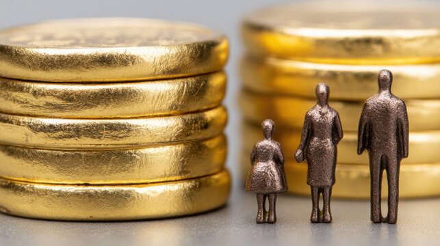 Couple standing next to stack of gold coins representing financial goals and future planning in wealth management - Powered by Adobe